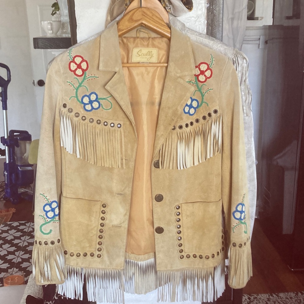 Scully Tan Suede Fringe Jacket with Multicolor Floral Embroidery